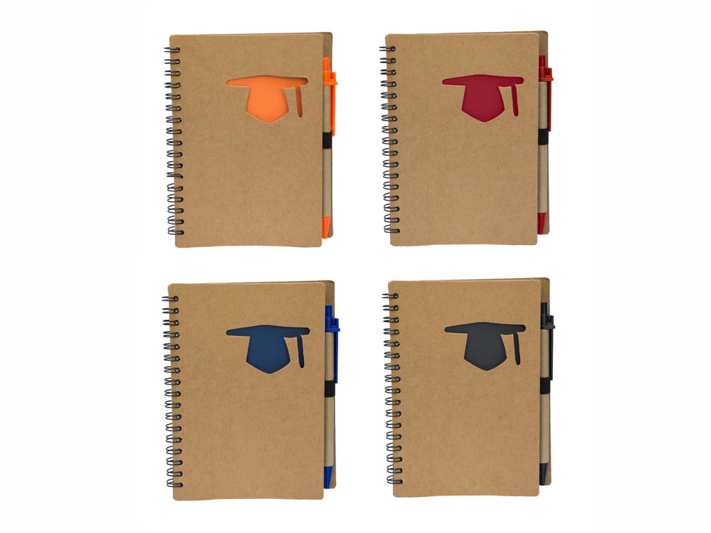 Graduation Eco Notebook Printing (NB19) comes in 4 colours. It is a recycled, spiral notebook that comes with a pen. This product is available for customisation in single-colour, multiple colours, and full-colour printing of your branding/logo.

 	Material: Eco Notepad with Pen
 	Dimension: 15.5cm(H) x 11cm(W)
 	Colour: Orange/Yellow, Red, Royal Blue, Black
 	Paper: 70 sheets
 	Packaging: OPP Bag

Minimum order quantity of 50pcs required for Graduation Eco Notebook Printing (NB19). Any design can be printed, wholesale price applies!


Contact us for exclusive wholesale rate for bulk order!

 